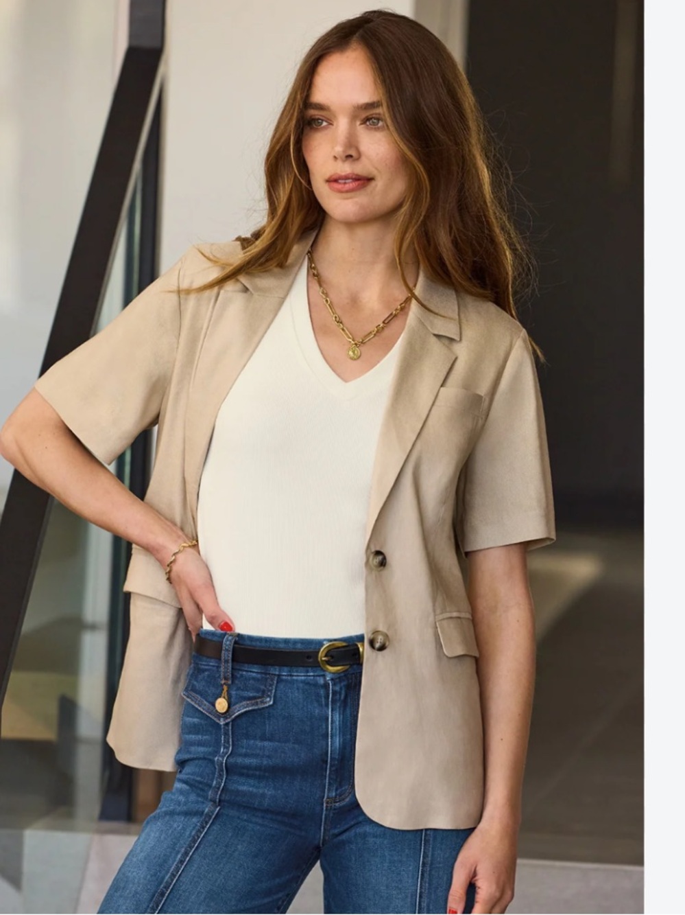 Evereve Short-Sleeve Linen Blend Blazer Jacket in Beige Medium